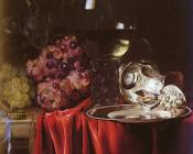 威廉 万 艾斯特 : 静物葡萄,一个德国锥脚球形酒杯,一个银茶壶和一个盘子